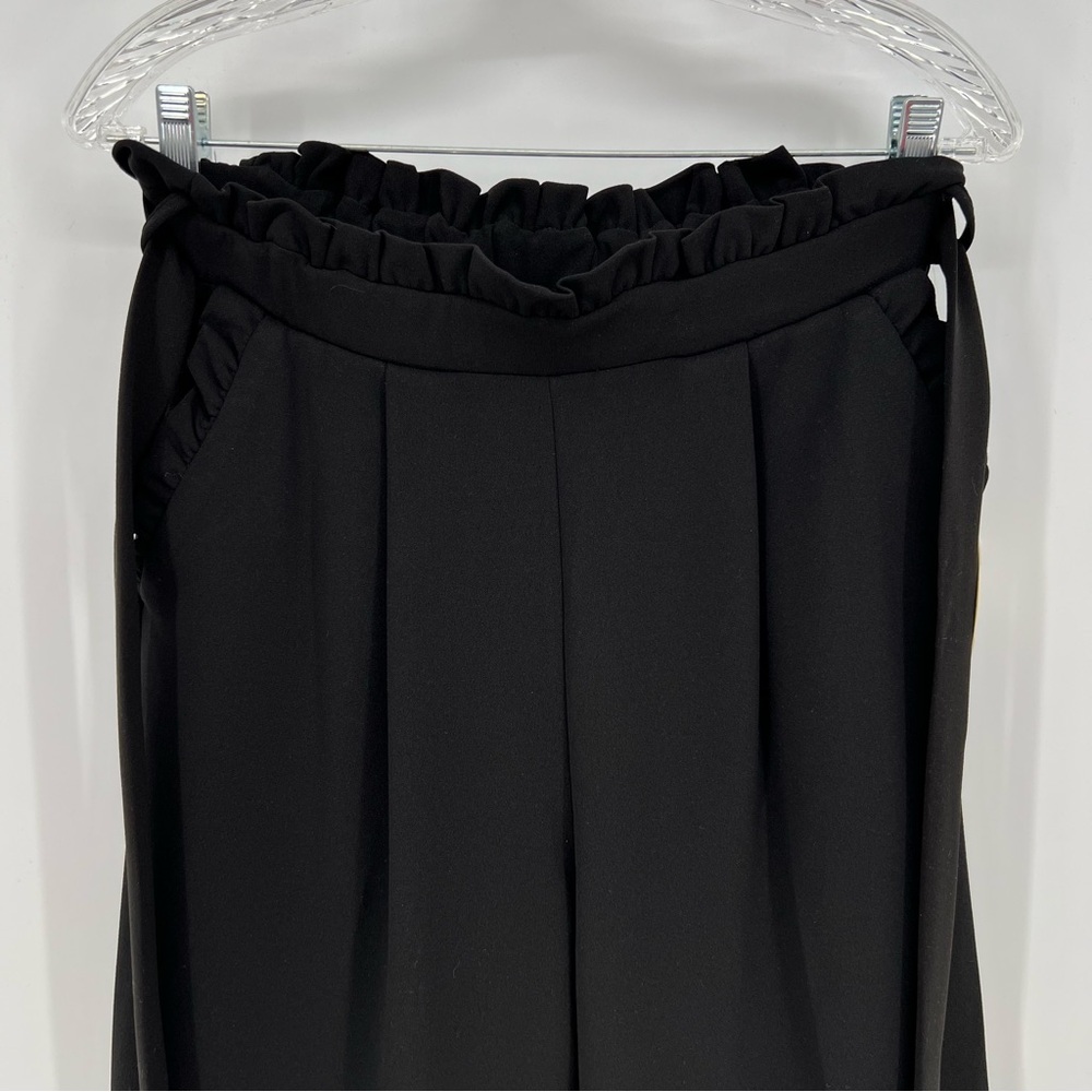 Lara Fashion Women Pants Large Black Wide Leg Paper Bag Gathered Waist Sash Belt - Picture 4 of 10